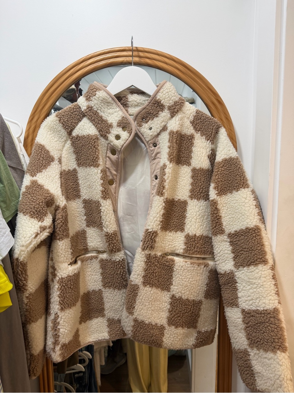 Checkerboard Sherpa Jacket in Cream & Brown